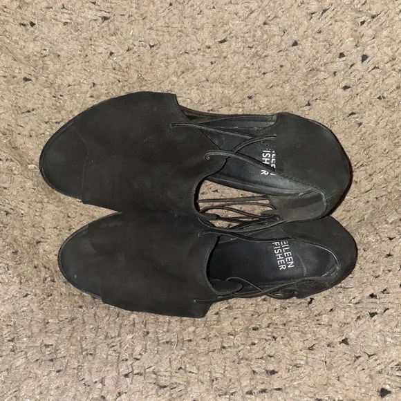 EILEEN FISHER -Nikki-Peep Toe-Block Heel-Black Nubuck Leather-Sz 9-Excellent - Picture 7 of 9